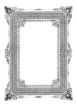 Vintage ornate line art border frame overlay isolated on transparent background (png). Antique monochrome baroque lace certificate stencil with rich lace filigree decoration for luxury mockup.