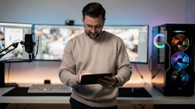 Focused medium shot of a multiplatform campaign coordinator aligning gaming influencers with brand partners showcasing tech setup with softfocus monitors behind.