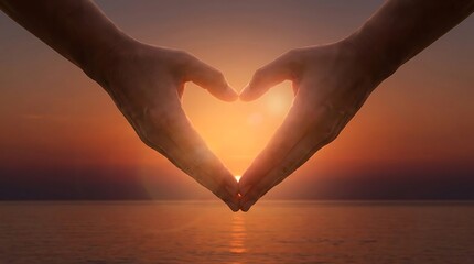 Fototapeta premium Two Hands Forming a Heart Shape at Sunset Over the Ocean, Symbolizing Love and Connection