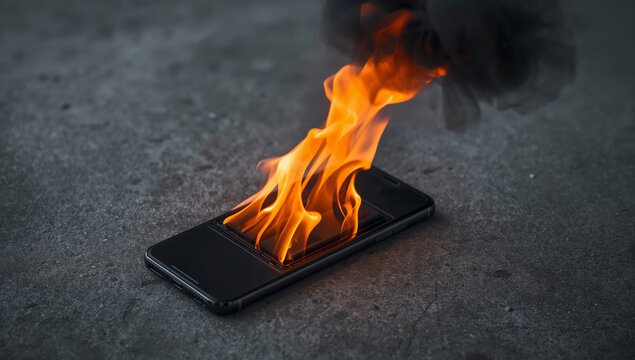 膨張したバッテリーから激しい炎と煙を上げるスマートフォン