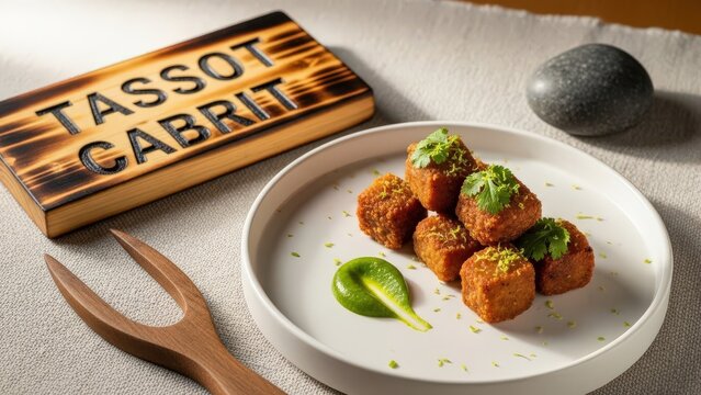 Gourmet Tassot Cabrit (Crispy Goat Cubes) with Pikliz Gel and Micro-Cilantro, Warm Copy Space