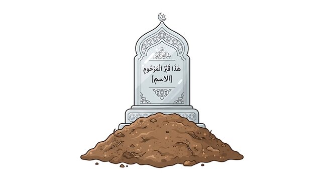 Islamic Graveyard Headstone with Arabic Inscription on Freshly Dug Grave Mound