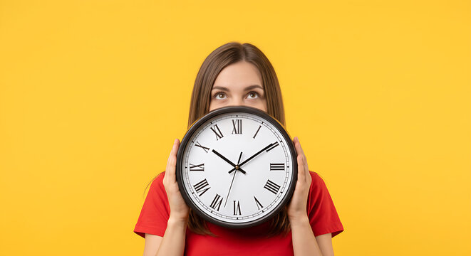 Young Woman Holding Large Wall Clock Covering Face Against Yellow Studio Background Representing Time Management Deadline Punctuality and Schedule Concept