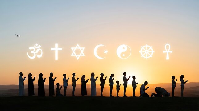 Diverse Group in Prayer at Sunset with Global Religious Symbols Floating Above