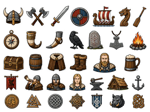 Viking, Norse Mythology and Scandinavian Warrior Icon Collection Featuring Viking Helmets, Longships, Axes, Shields, Ravens, Rune Symbols, Mead, Longhouses and Nordic Heritage Elements

