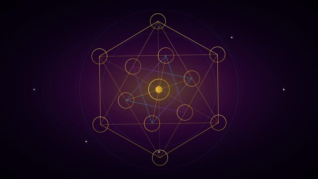 Animated rotating golden Metatron's Cube sacred geometry symbol on dark purple space background