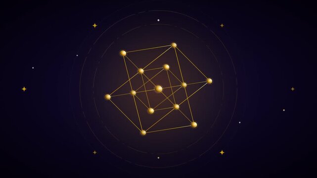 Golden geometric 3D network rotating slowly on dark cosmic background