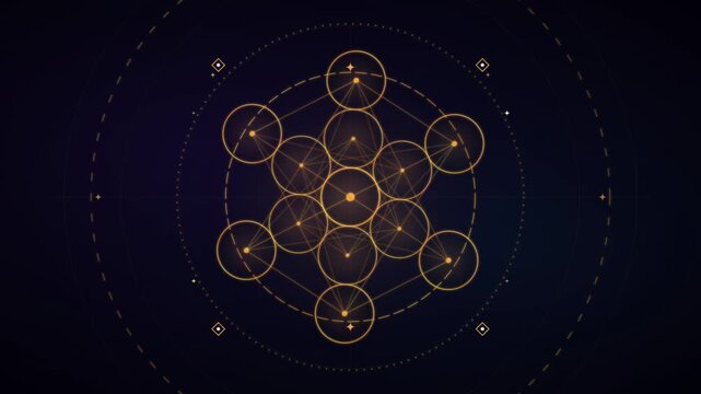 Golden glowing Metatrons cube sacred geometry symbol rotating on dark cosmic background