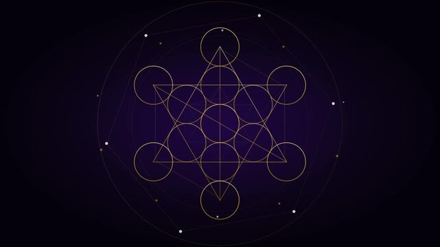 Golden Metatron's cube rotating in sacred geometry loop on purple background