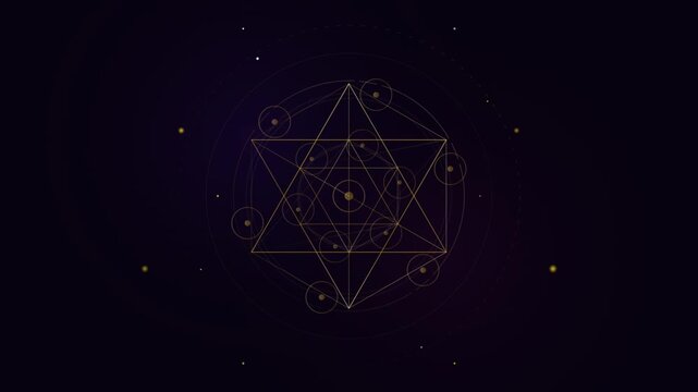 Golden sacred geometry mandala rotating on a dark purple background with cosmic particles
