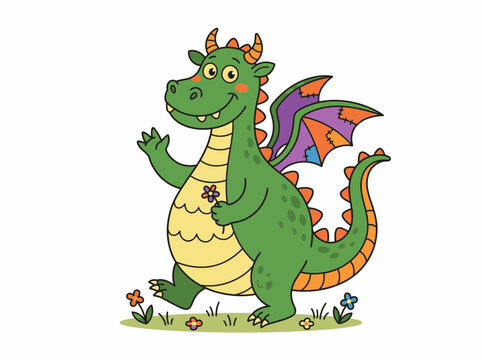 Cute friendly green cartoon dragon waving hand and holding flower