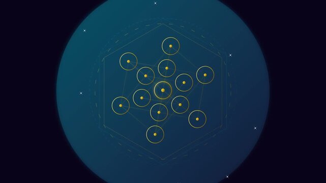 Golden sacred geometry rotating in blue sphere with cosmic stars abstract loop