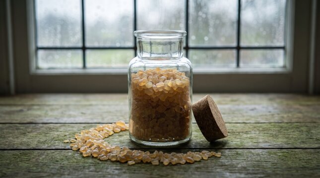 Amber fruit pectin granules stored in a clear corked jar on weathered green timber before a rain-softened window, presenting recovered peel fibre as a refined pantry ingredient with circular appeal