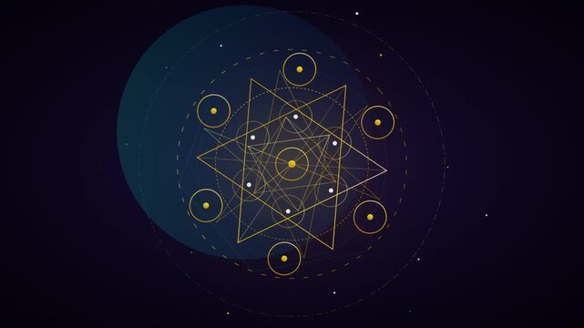 Golden sacred geometry rotating on a dark space background.