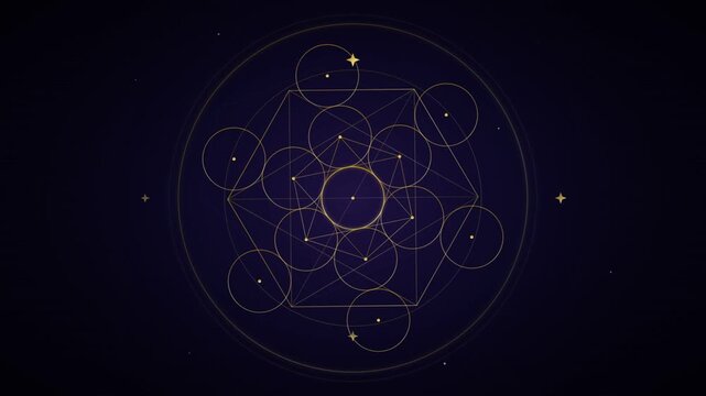 Golden sacred geometry symbol rotating on dark cosmic starry background