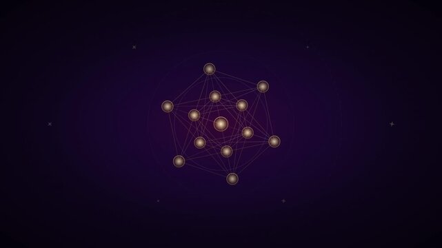 Rotating golden Metatron's Cube sacred geometry symbol spinning on dark purple cosmic background with glowing stars.