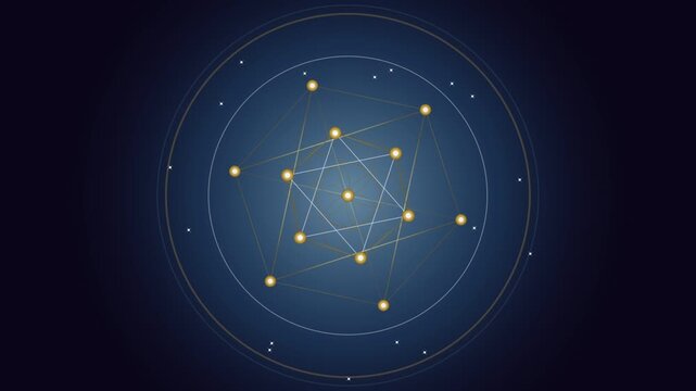 Rotating golden sacred geometry animation on dark blue cosmic background.
