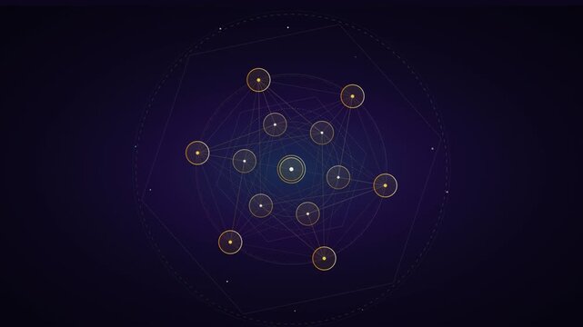 Rotating golden sacred geometry metatron cube symbol on dark background