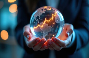 Fototapeta premium Business woman holds glowing crystal globe showing world map with bright stock market trading charts. Female financial analyst examines digital data graphs for global economy forecast. Pro person