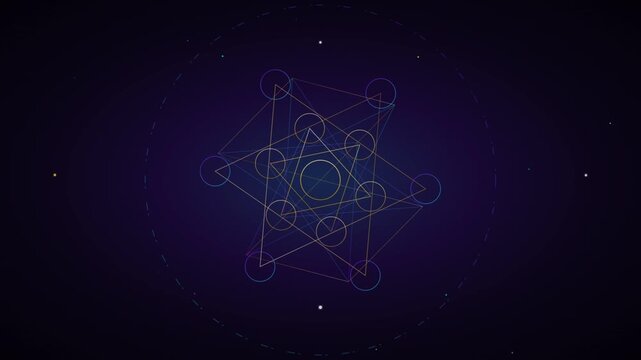 Rotating Metatron's cube sacred geometry on dark cosmic background