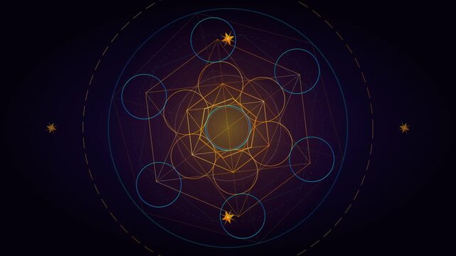 Rotating sacred geometry mandala with glowing gold and blue lines on dark cosmic background
