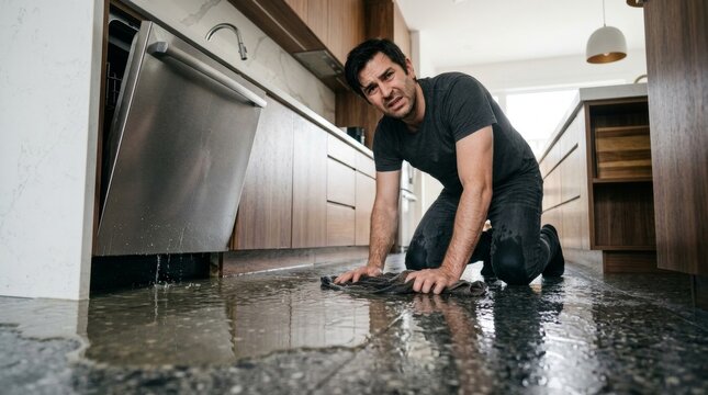 Man cleaning kitchen floor from leaking dishwasher. Frustrated householder wiping water puddle with towel. Domestic accident, appliance failure, repair, home maintenance, stress concept.
