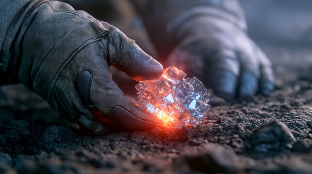 Cosmic Gemstone: A close-up shot of a gloved hand holding a glowing, multifaceted crystal unearthed from barren ground, hinting at extraterrestrial discovery and scientific exploration.