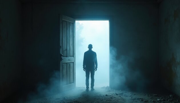 Silhouette of man standing inside dark room facing open door with bright glowing light outside. Thick fog fills entrance area creating mysterious mood. Person looks toward hopeful future stepping out