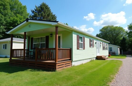 Pale green mobile home with front porch and wooden deck sits on neat lawn under blue sky. Neighboring houses visible on sunny summer day in quiet residential area.