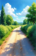 Fototapeta premium Dirt country road winds through green bushes, tall trees under bright blue sky with white clouds. Peaceful rural landscape path stretches into distance on sunny summer day. Nature scenery provides