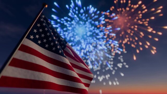 American flag waving at night during the Independence Day fireworks