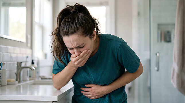 Young Woman Covering Mouth While Feeling Nauseous with Stomach Pain in Kitchen at Home Depicting Food Poisoning Illness and Digestive Discomfort