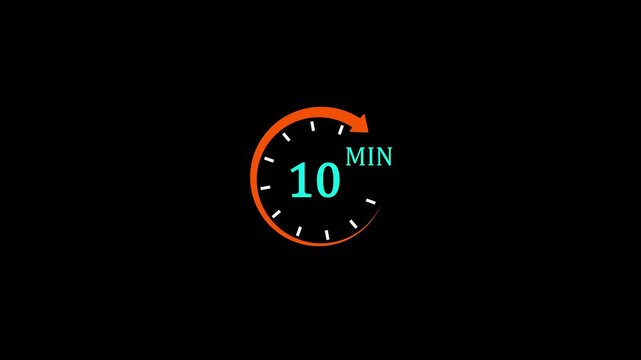 10 minutes timer icon animation stopwatch countdown clock orange arrow text timing deadline schedule speed workout loop motion graphic isolated on black background.