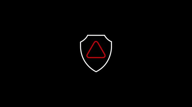 Security Shield Icon Animation with Flashing Red Warning Alert Triangle Sign Indicating Cyber Security Breach Anti Virus Alert or Data Protection Failure Isolated on Black Background.