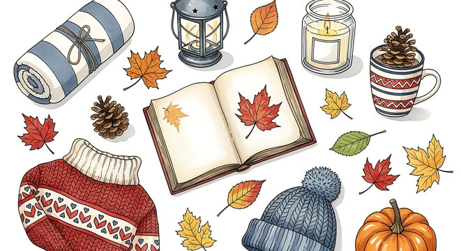 Autumn seasonal composition with open book, knitted sweater, pumpkin, pinecones, lantern, candle, and colorful fallen maple leaves