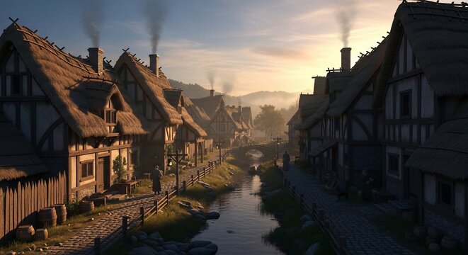 Medieval village river scene