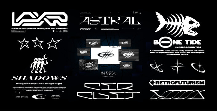 Retrofuturistic Y2K typography and streetwear graphic elements set. Monochrome lettering, prints for t-shirt, clothing merch, streetwear. Brutalism y2k prints for t-shirt. Vector street graphic set