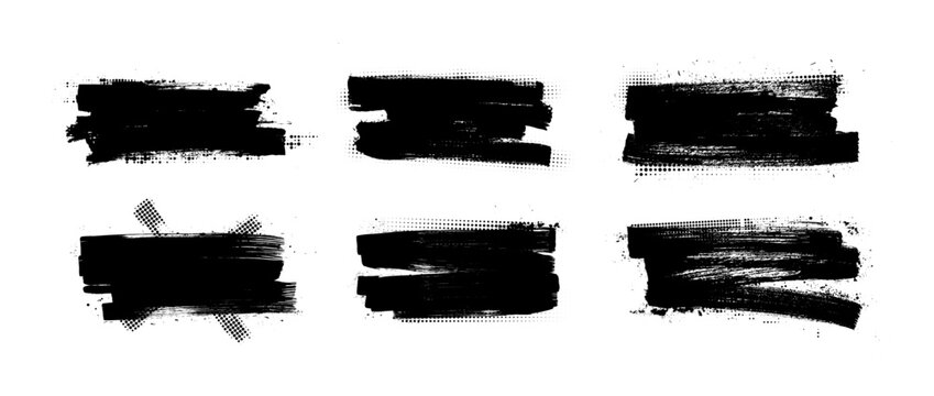 Set of black grunge brush strokes with halftone dot effects. Rough ink textures, artistic rectangular banners and dirty borders for text fields, callouts. Dirty brush strokes halftone. Vector ink set