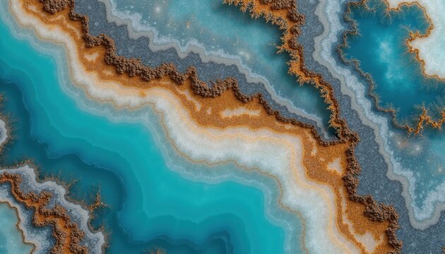 Close-up view of polished calcite stone with detailed texture. Layers of blue turquoise white and gold minerals form intricate patterns. Natural rock surface looks like abstract art.