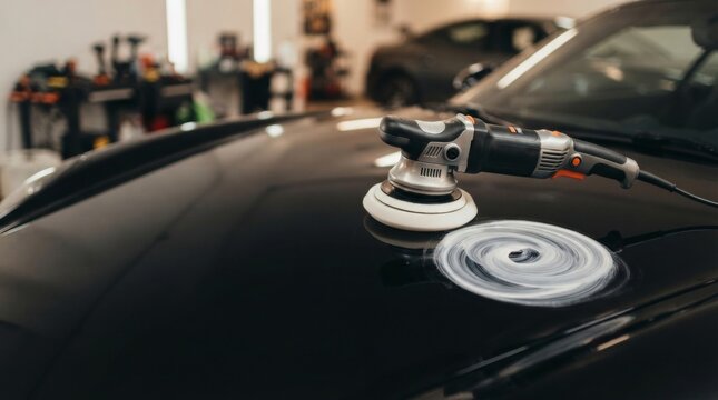 Orbital polisher on black car hood during professional detailing service. Mechanic using electric buffing tool for paint restoration and surface maintenance in auto workshop garage.