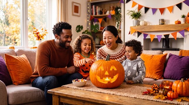Happy diverse family with children laughing and celebrating Halloween with a carved jack-o'-lantern in a cozy living room