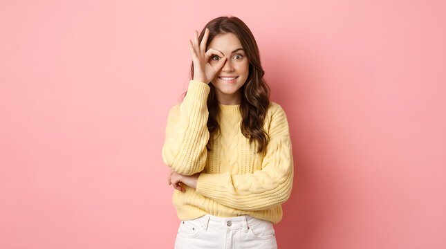 Smiling Young Woman Making OK Gesture Over Eye Wearing Yellow Sweatshirt Against Pink Studio Background with Positive Expression