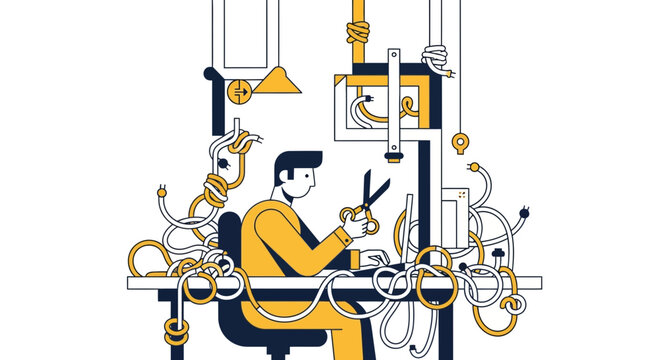 Man solving complex workspace cable tangle vector illustration
