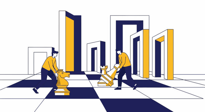 Strategic Business Move and Planning with People Moving Chess Pieces