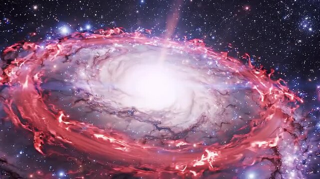 Active galactic nucleus with powerful plasma jet beam emitting from the center of a spiral galaxy in space