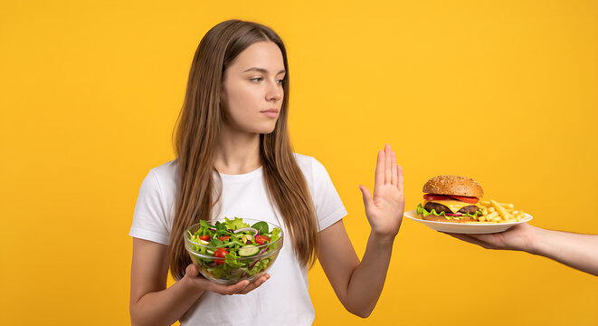 Young Woman Choosing Healthy Salad While Refusing Burger on Yellow Studio Background Representing Healthy Eating Diet and Nutrition Concept