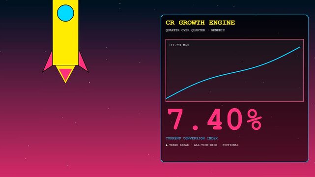 A futuristic animated video displaying a vibrant conversion rate tracker alongside rising graphs and colorful rocket ships soaring upwards in a synthwave style.