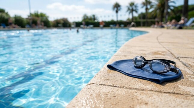Swimming goggles and blue rubber cap resting on pool edge. Professional gear for aquatic athlete. Concepts of healthy sport lifestyle, summer fitness activity and water recreation.