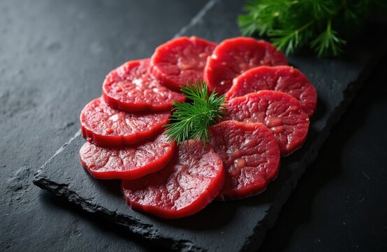 Raw red beef liver slices arranged on black stone board with green dill herb garnish. Fresh uncooked organic organ meat pieces ready for cooking healthy meal in kitchen. Protein nutrition source for