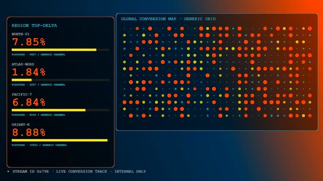 Animated graphics display a digital conversion rate tracker while data points pulse on a futuristic cyber grid monitoring global network activity in real time
